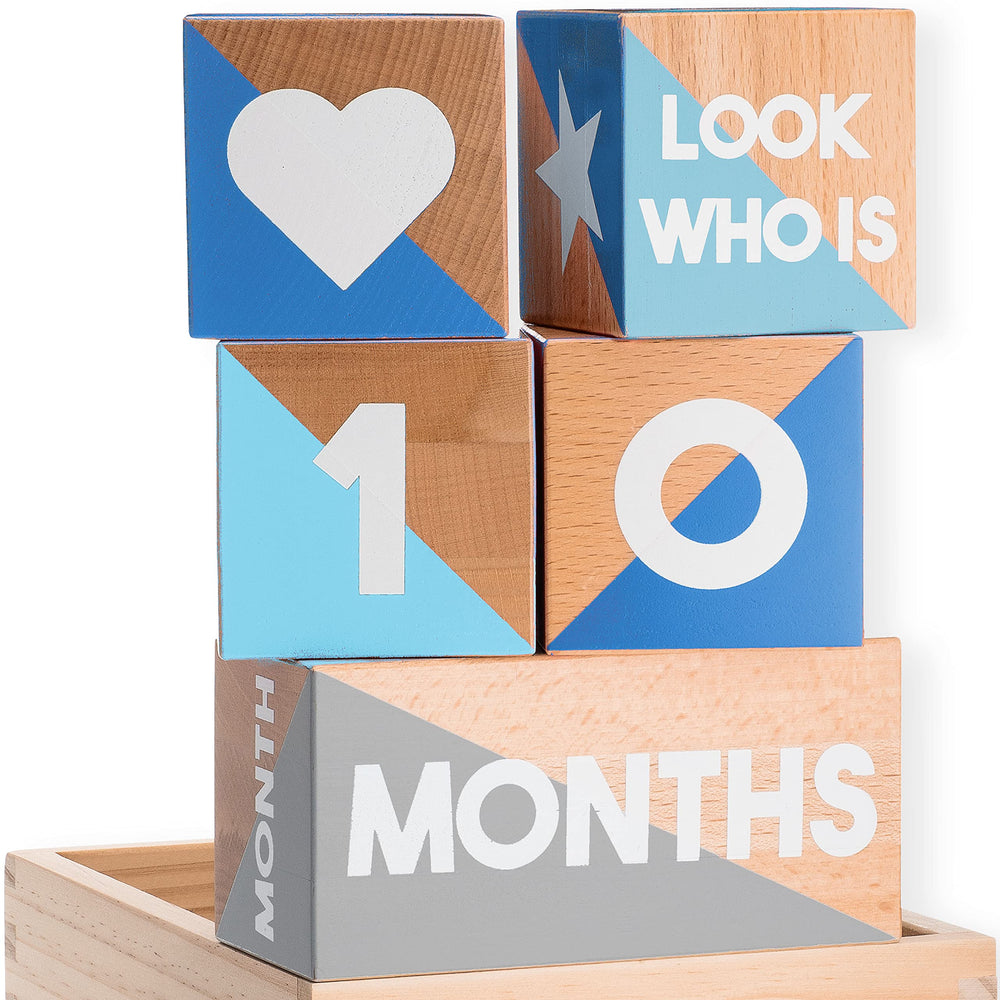 Tykeroo Baby Monthly Milestone Blocks blue-gray set ideal for monthly newborn photos.