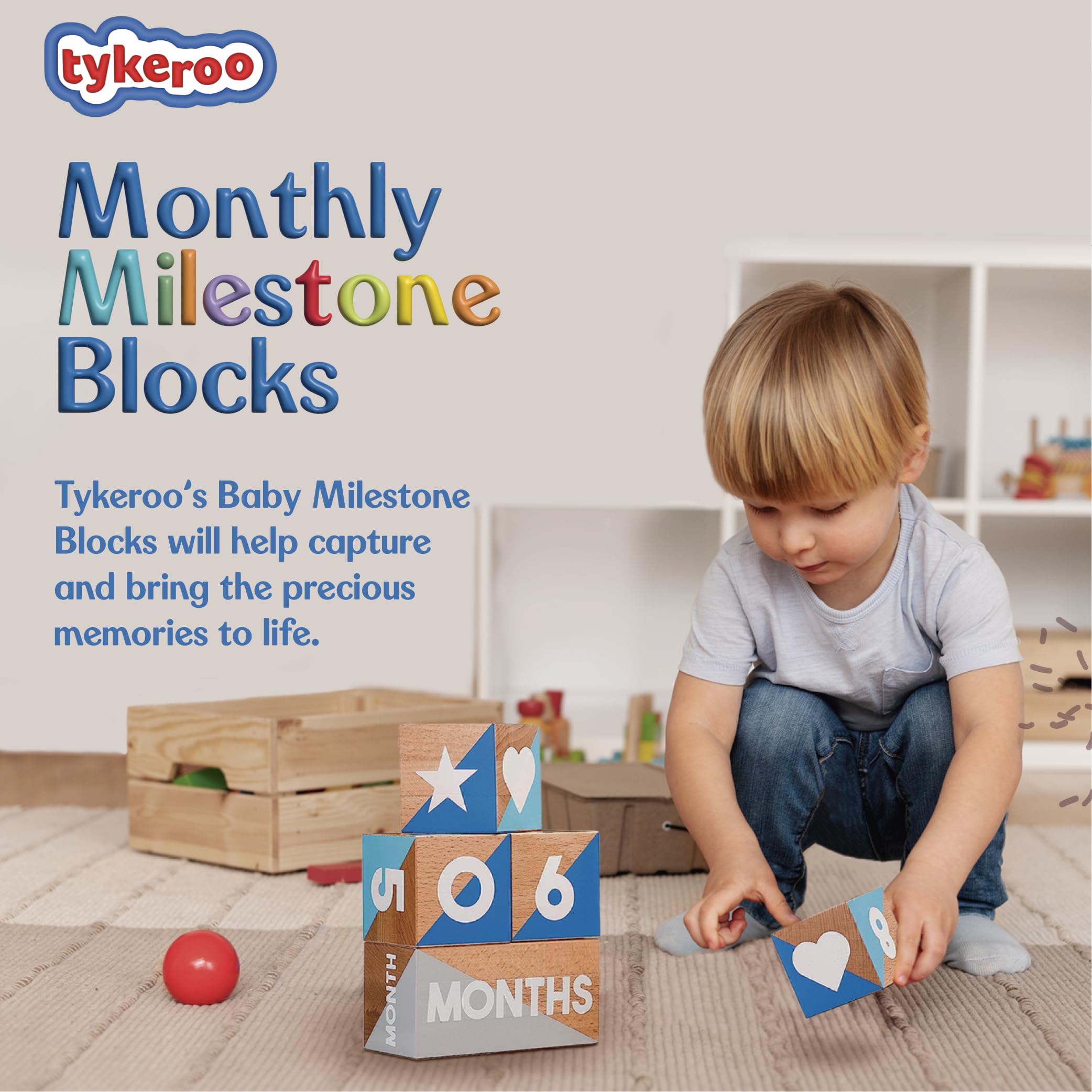 Tykaroo Baby Monthly Milestone Blocks woodgrain closeup highlights natural beechwood texture.