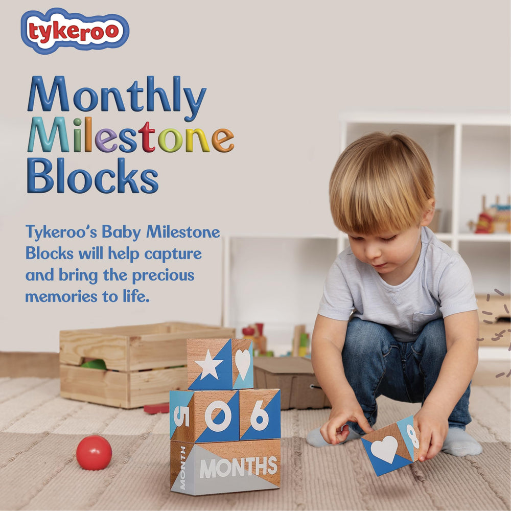 Tykaroo Baby Monthly Milestone Blocks woodgrain closeup highlights natural beechwood texture.