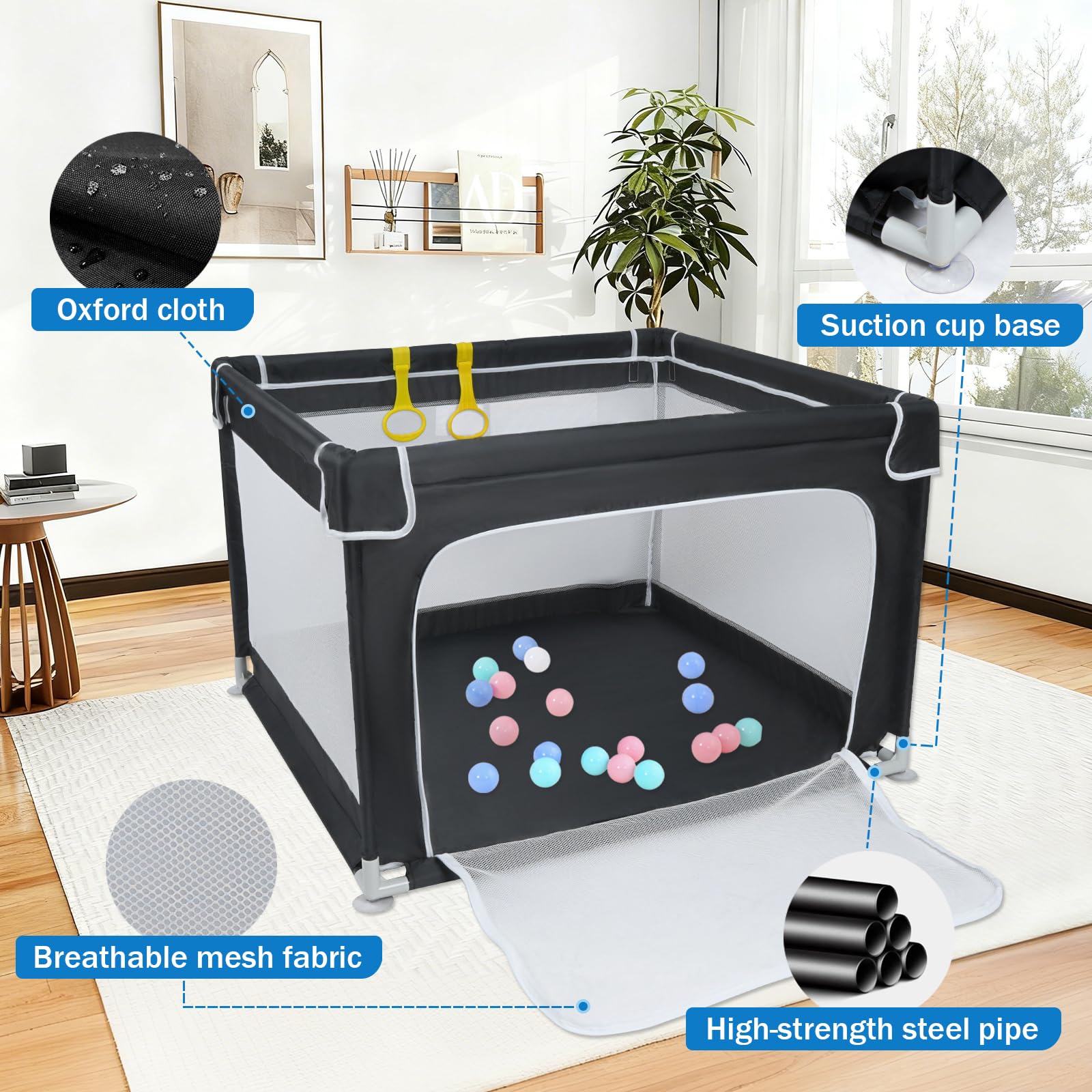 TYLAOZHAO anti-slip base keeps the playpen stable.