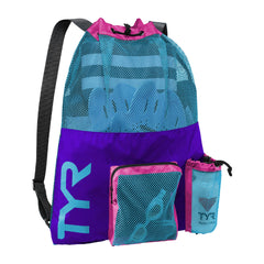TYR big mesh mummy backpack main compartment shows spacious storage for swim gear and gym essentials.