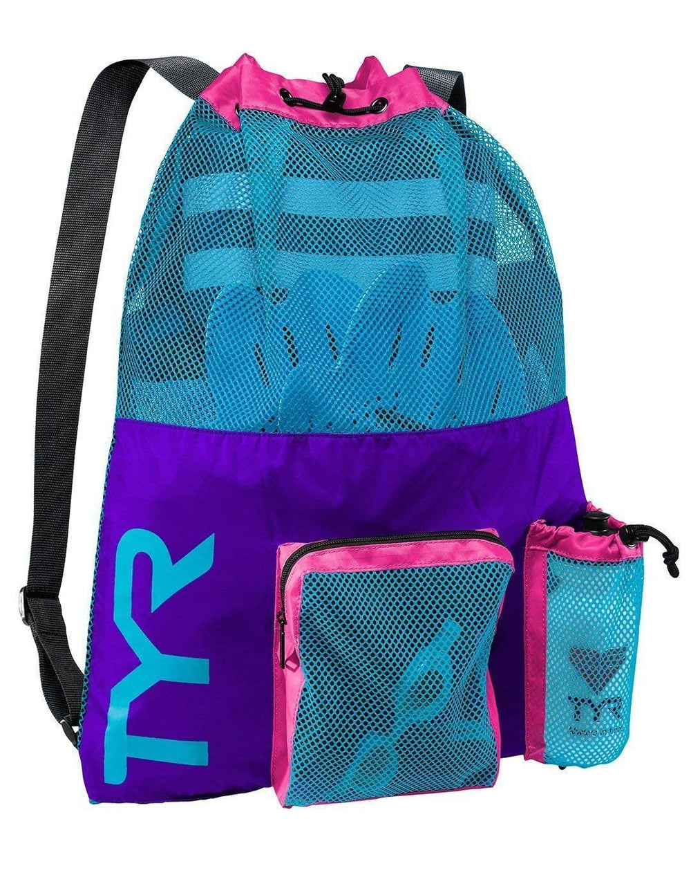 TYR big mesh mummy backpack side mesh ventilation highlights quick-dry design for post-swim sessions.