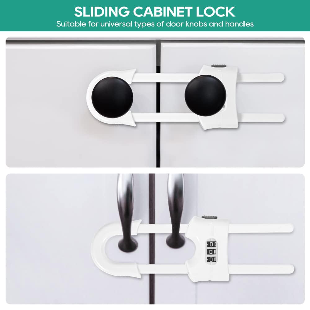 The 4-pack u-shaped sliding cabinet locks install without tools for quick setup.