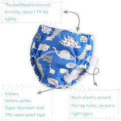 U0U dinosaur blue training pants back view, reinforced gusset helps contain accidents