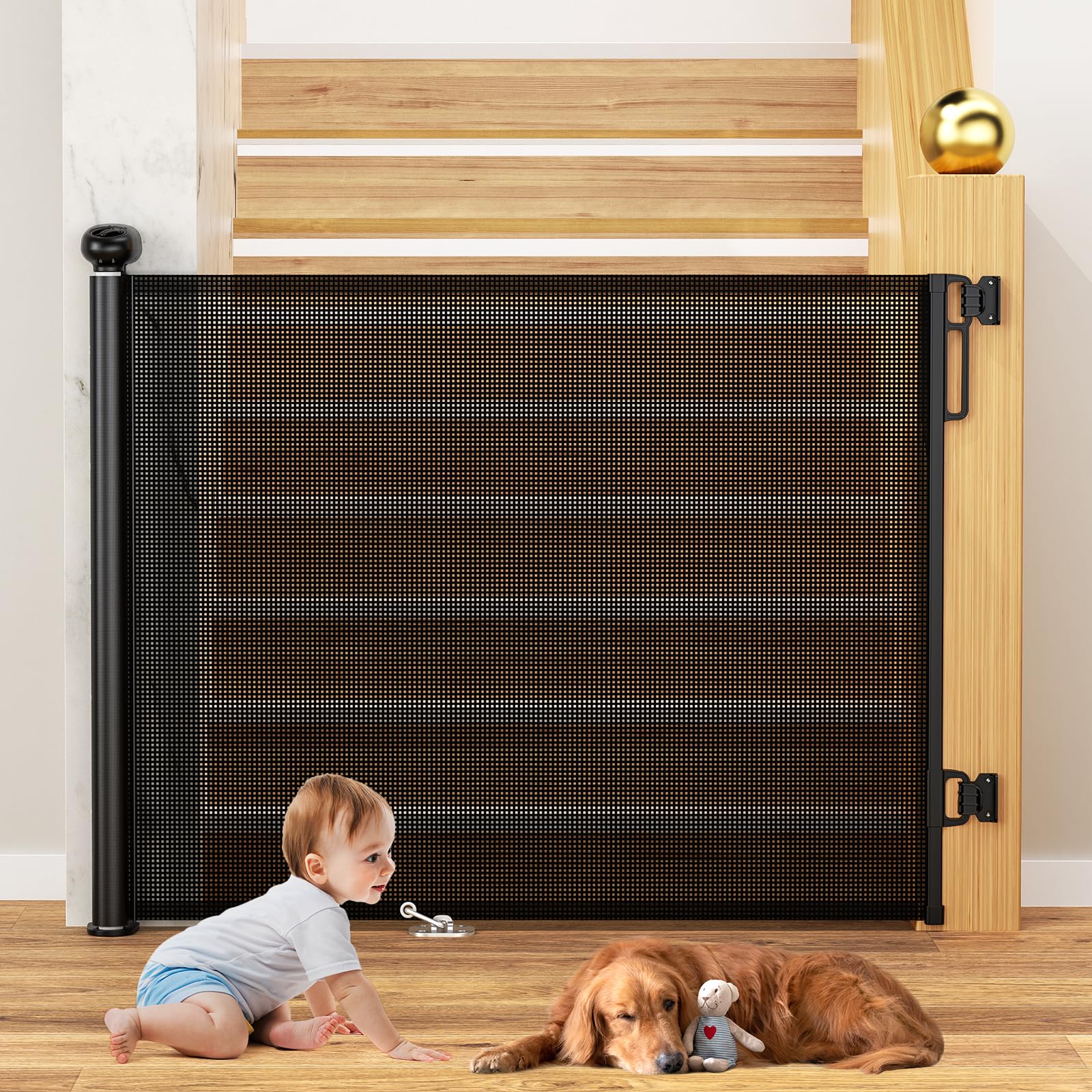 Uamector mesh safety gate top-lock provides secure locking for stairs and doorways.