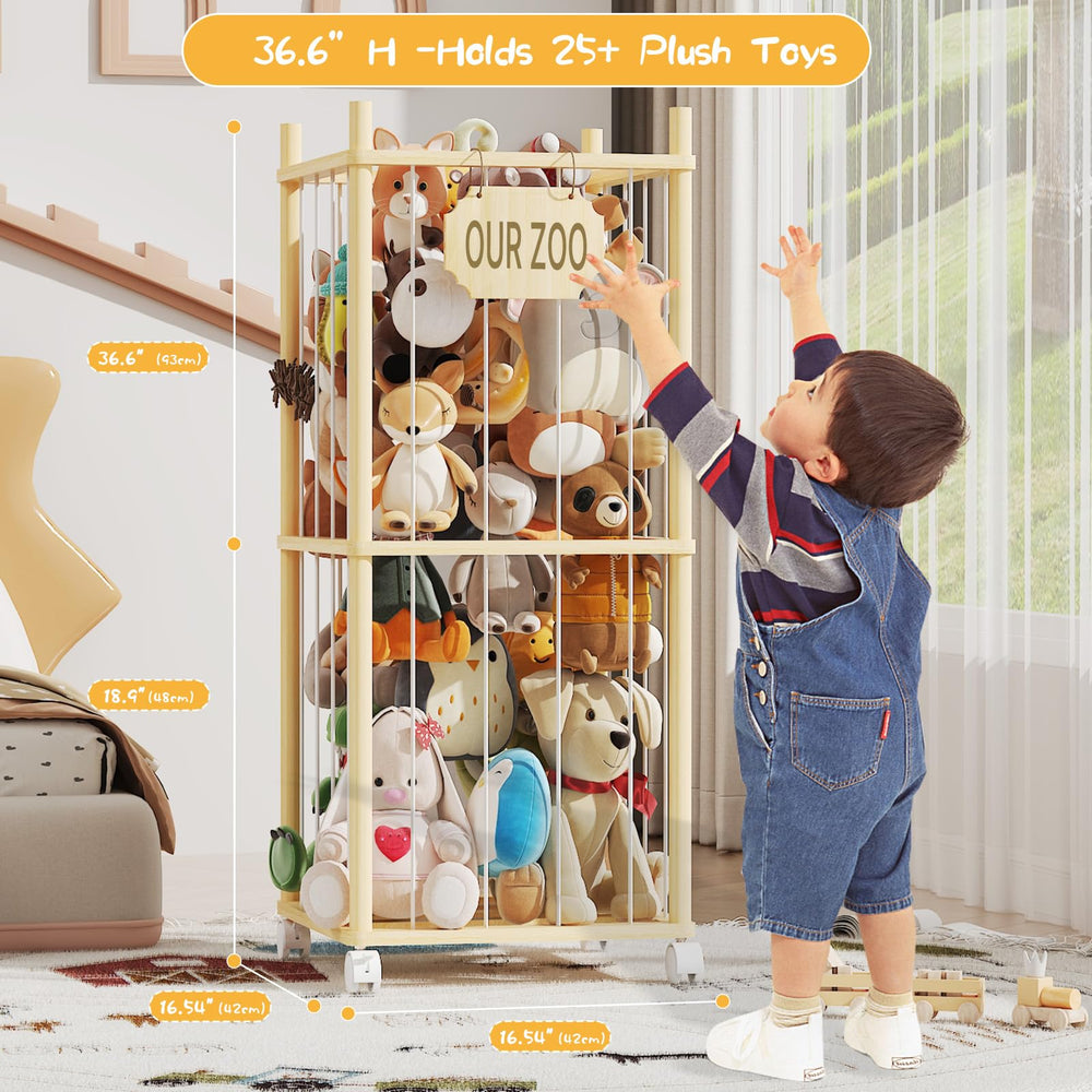 UAMFURI wooden zoo side view highlights large 180QT capacity for plush toys.