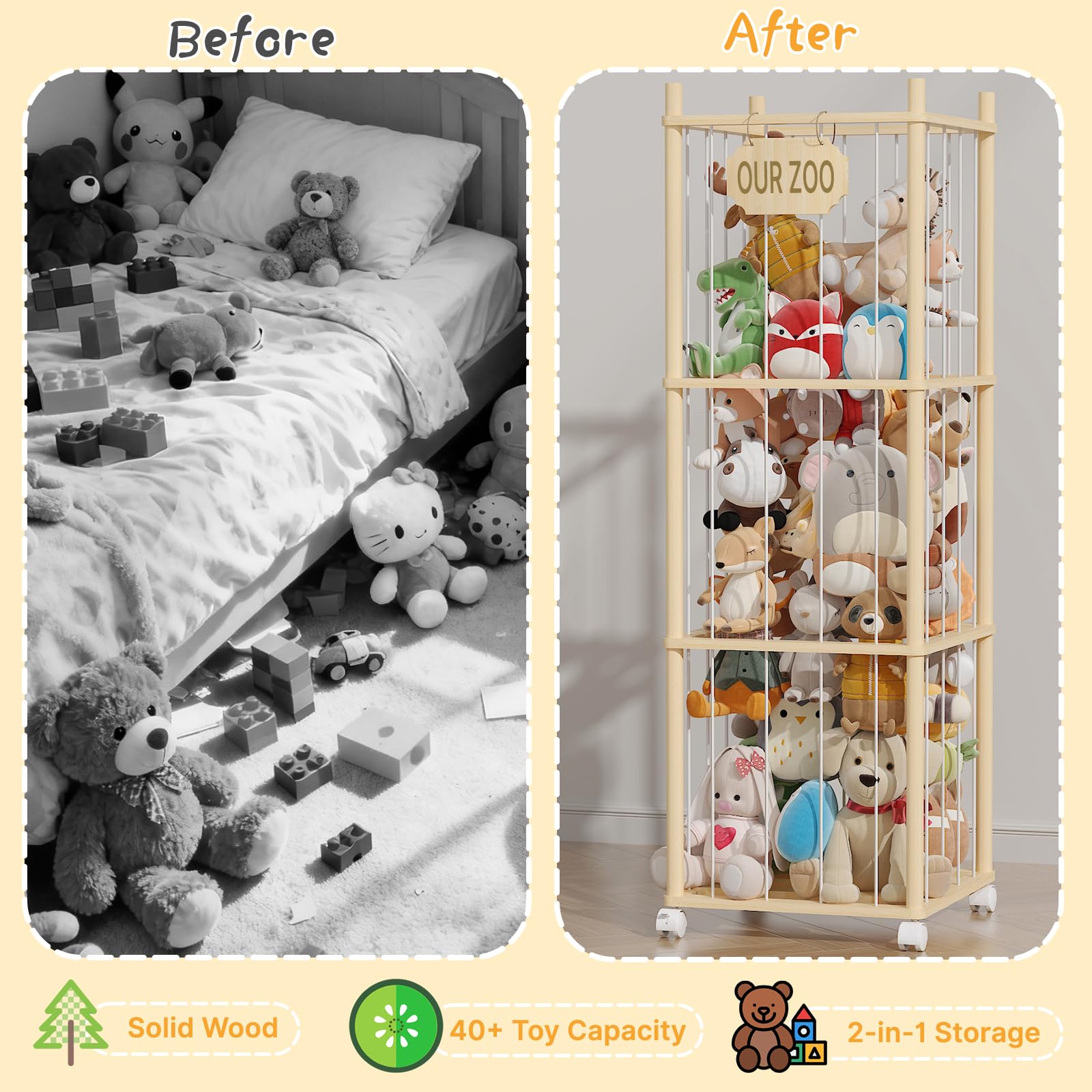 UAMFURI stuffed animal storage on wheels demonstrates easy repositioning and locking stability.