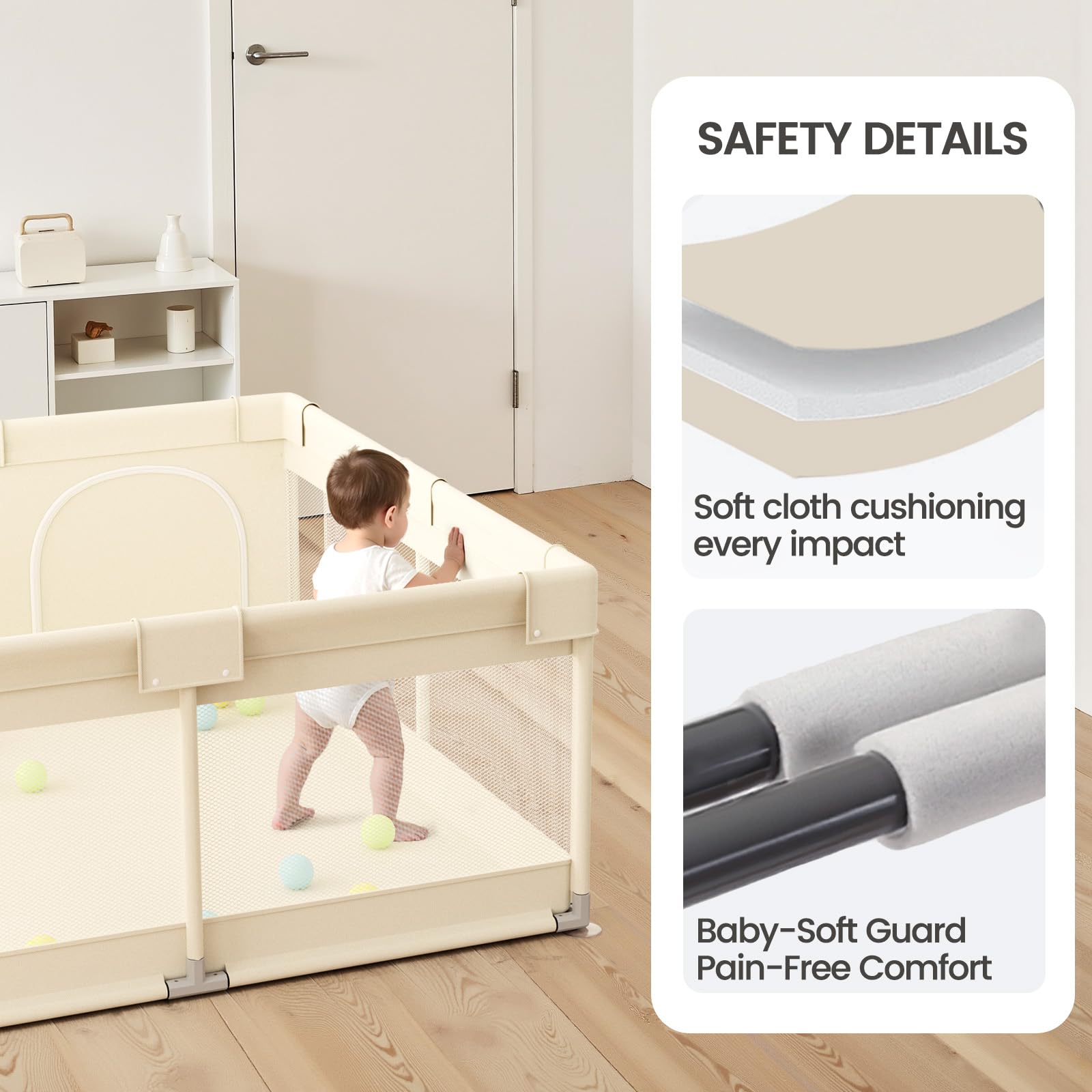 UANLAUO beige small baby playpen 360 mesh emphasizes visibility and ventilation.