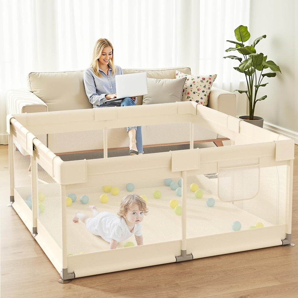 UANLAUO beige small baby playpen easy cleaning shows damp-wipe surface care.