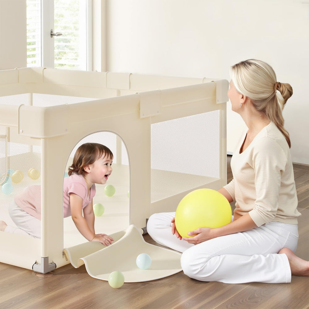 UANLAUO beige small baby playpen external zipper gate for easy entry.