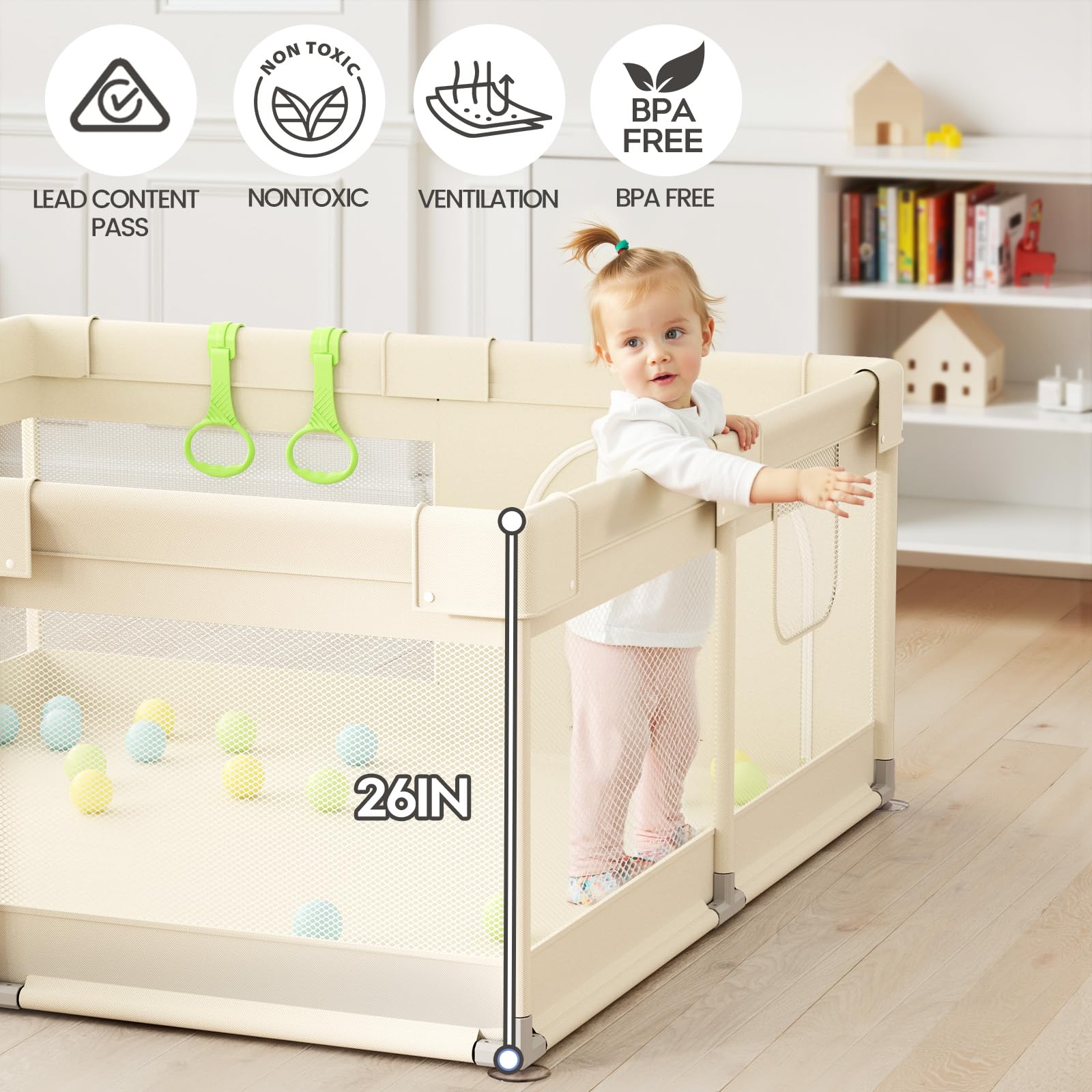 UANLAUO beige small baby playpen stability shows four suction cups for firm placement.