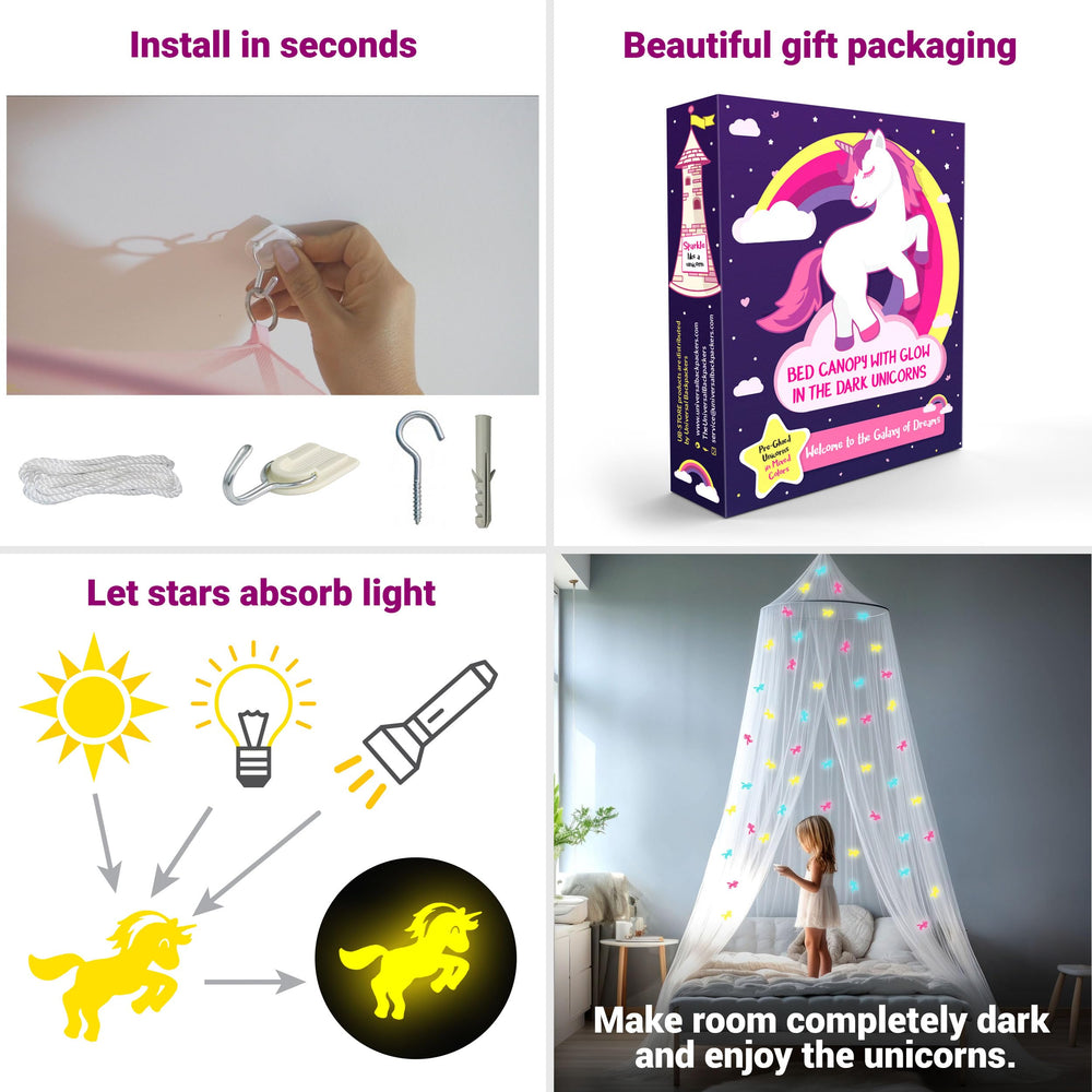 UB-STORE glow unicorns on netting provide kid-friendly night light