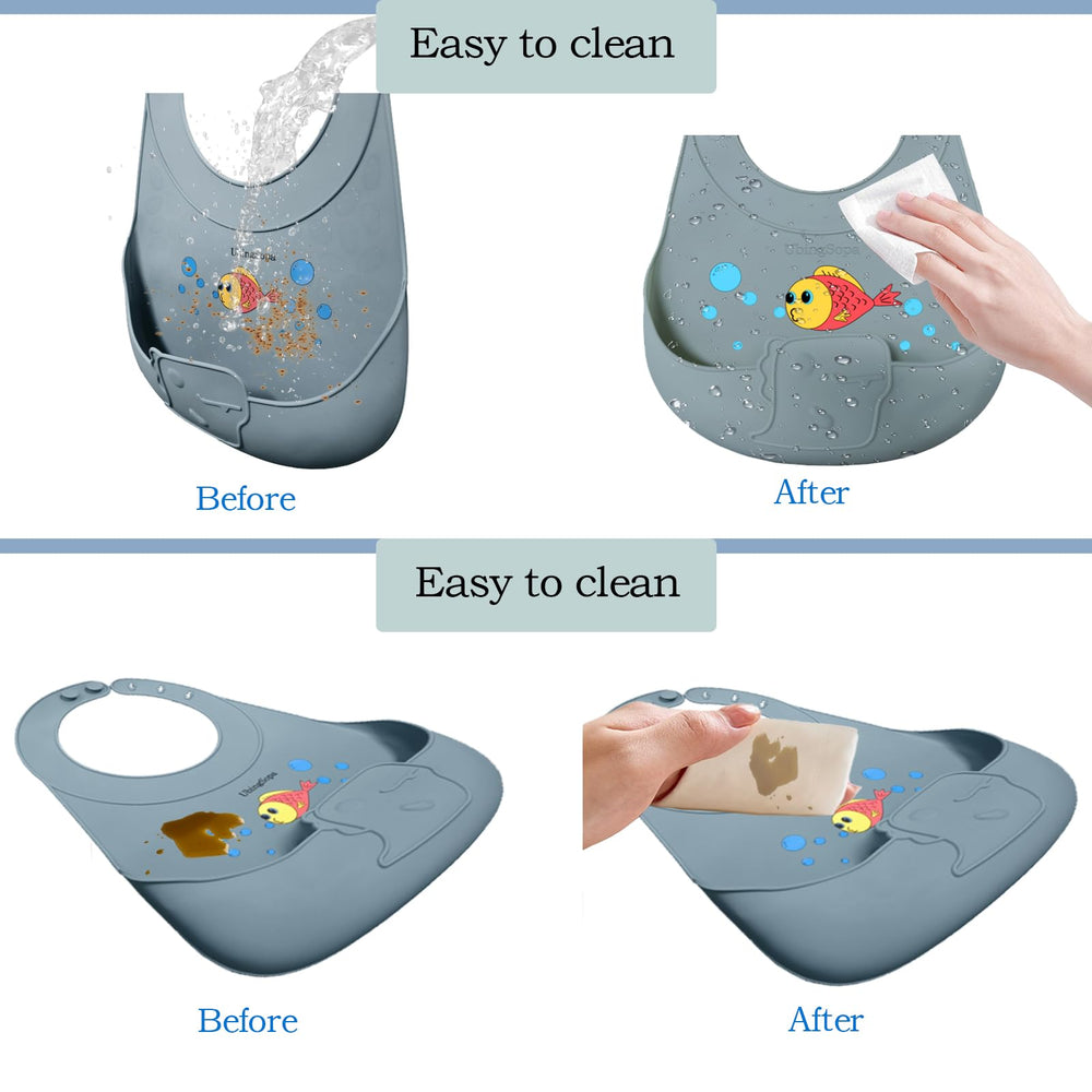 UBINGSOPA silicone baby bib adjustable-closure shows neck slots that grow with your child.