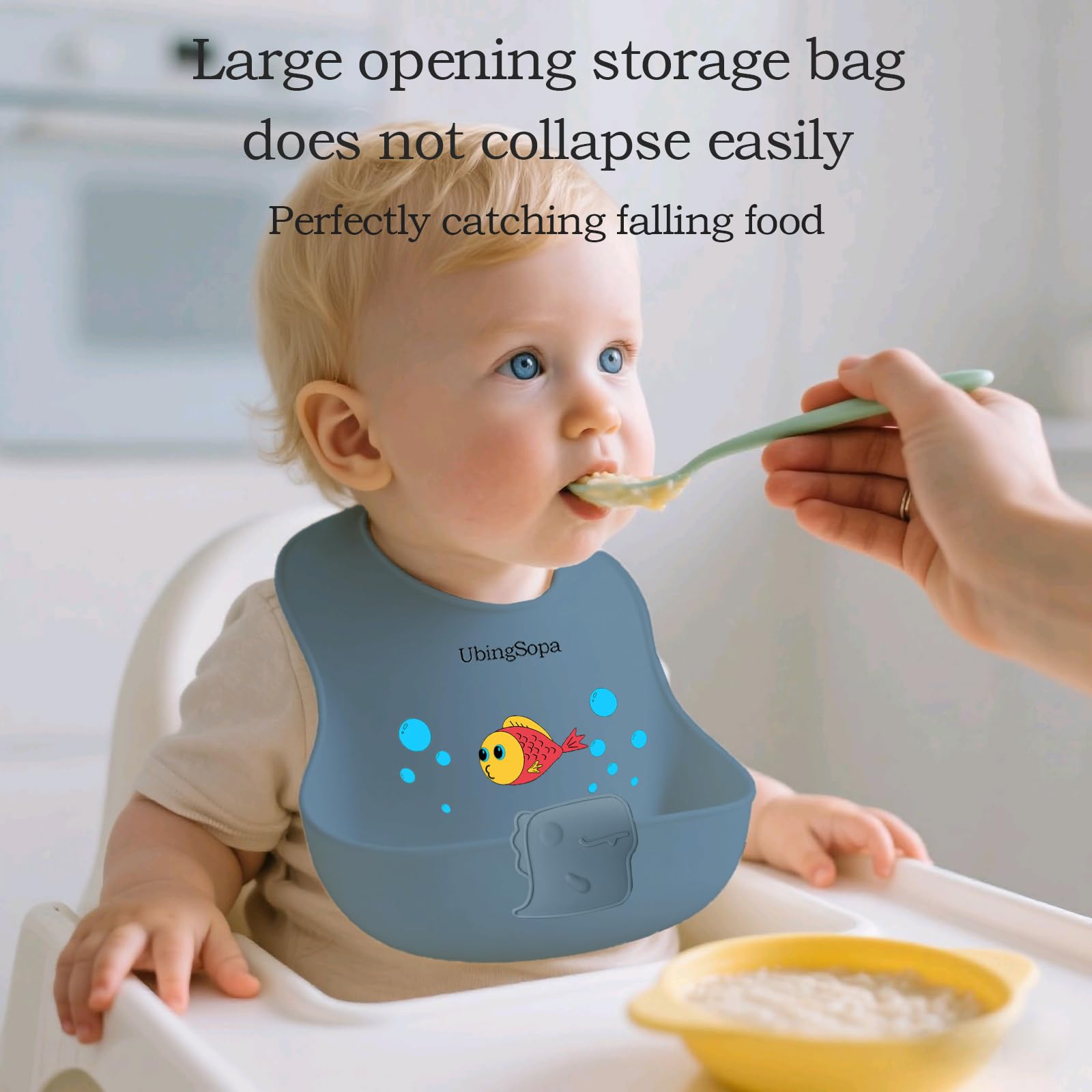 UBINGSOPA silicone baby bib color-patterns showcases playful styles to suit mealtime moments.