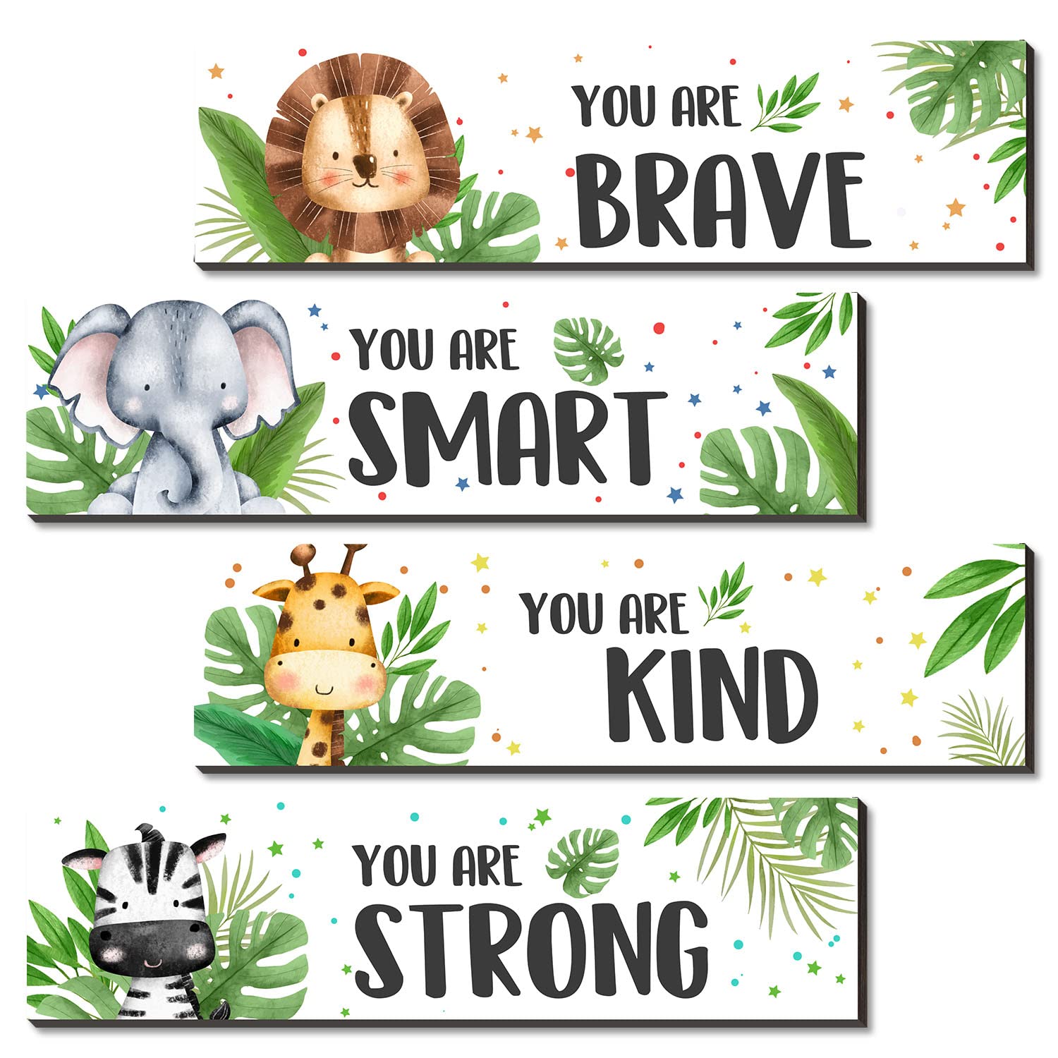 UBLURO jungle animals wall art wood prints, 4-piece set, ideal nursery decor for imaginative play.