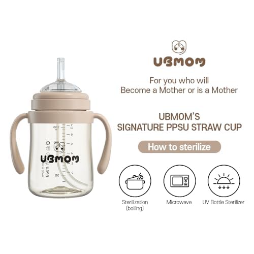 UBMOM Daino Beige baby using cup during bottle-to-cup transition.