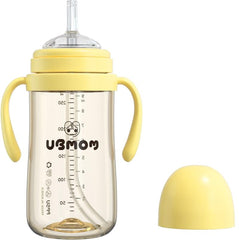 UBMOM No-spill backflow sippy banana side-view shows leak-proof performance for mess-free feeding.