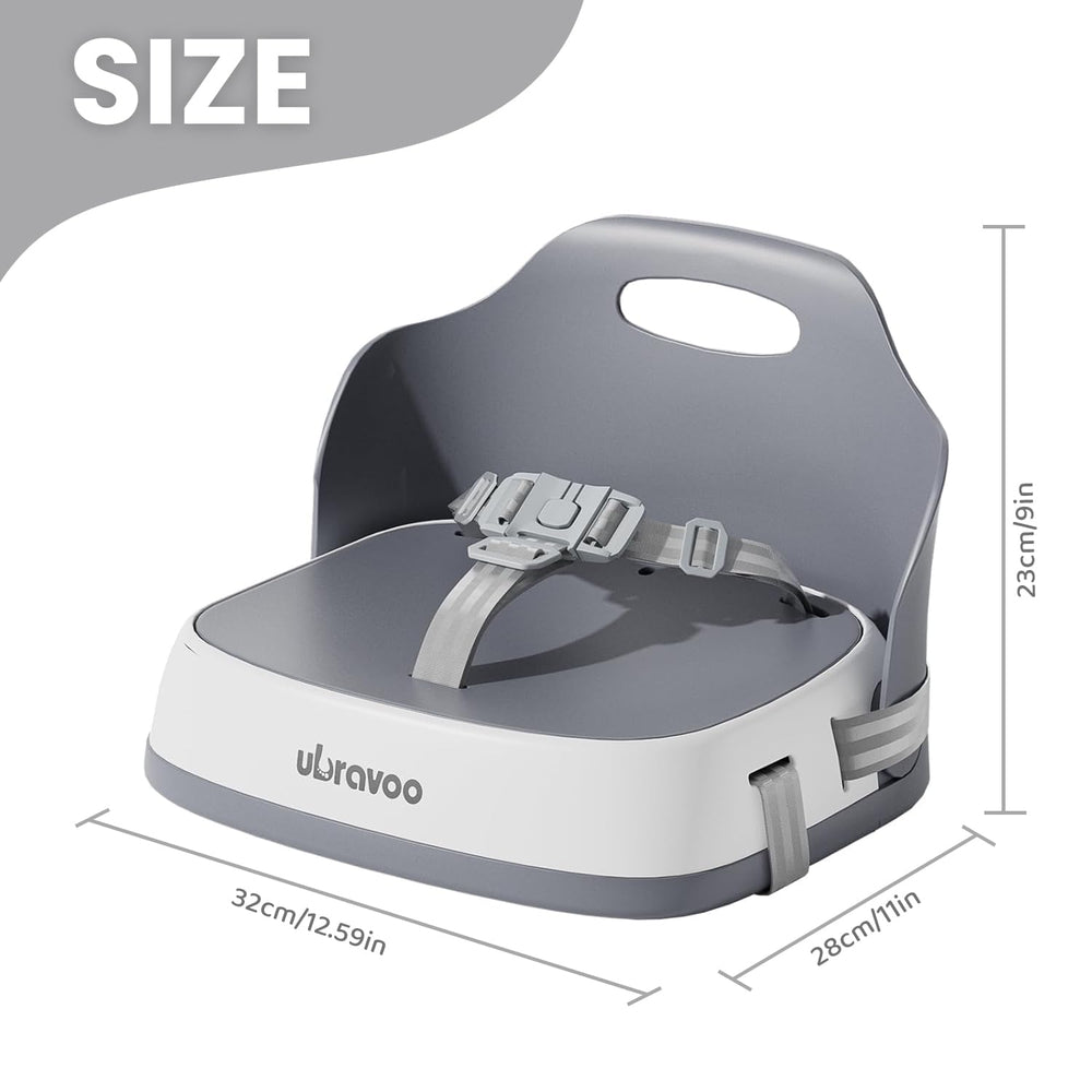UBRAVOO booster seat shows 3-point harness for secure seating