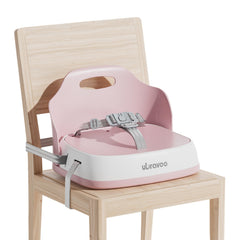 UBRAVOO baby booster seat pink front view highlights compact portability for meals.