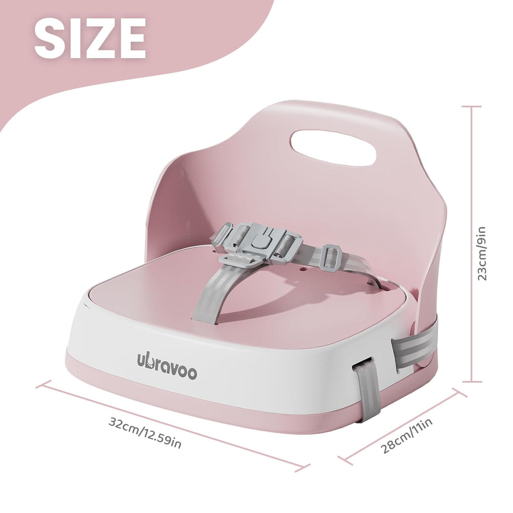 UBRAVOO booster seat with tray attached demonstrates easy mealtime setup.