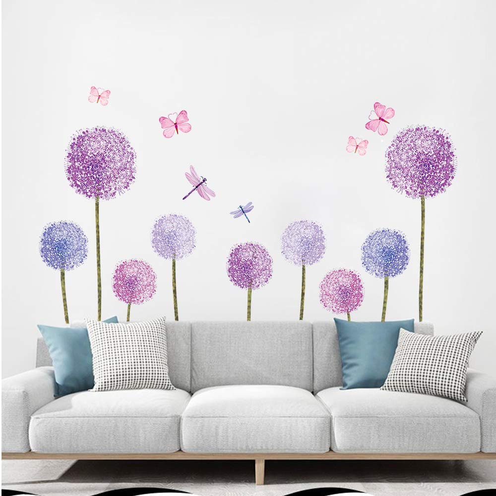 ufengke purple dandelions wall sticker with butterflies adds whimsy to a child's bedroom.