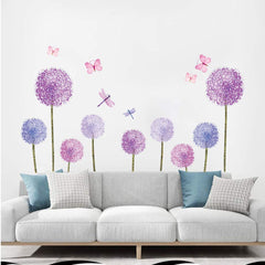 ufengke purple dandelions wall sticker with butterflies adds whimsy to a child's bedroom.