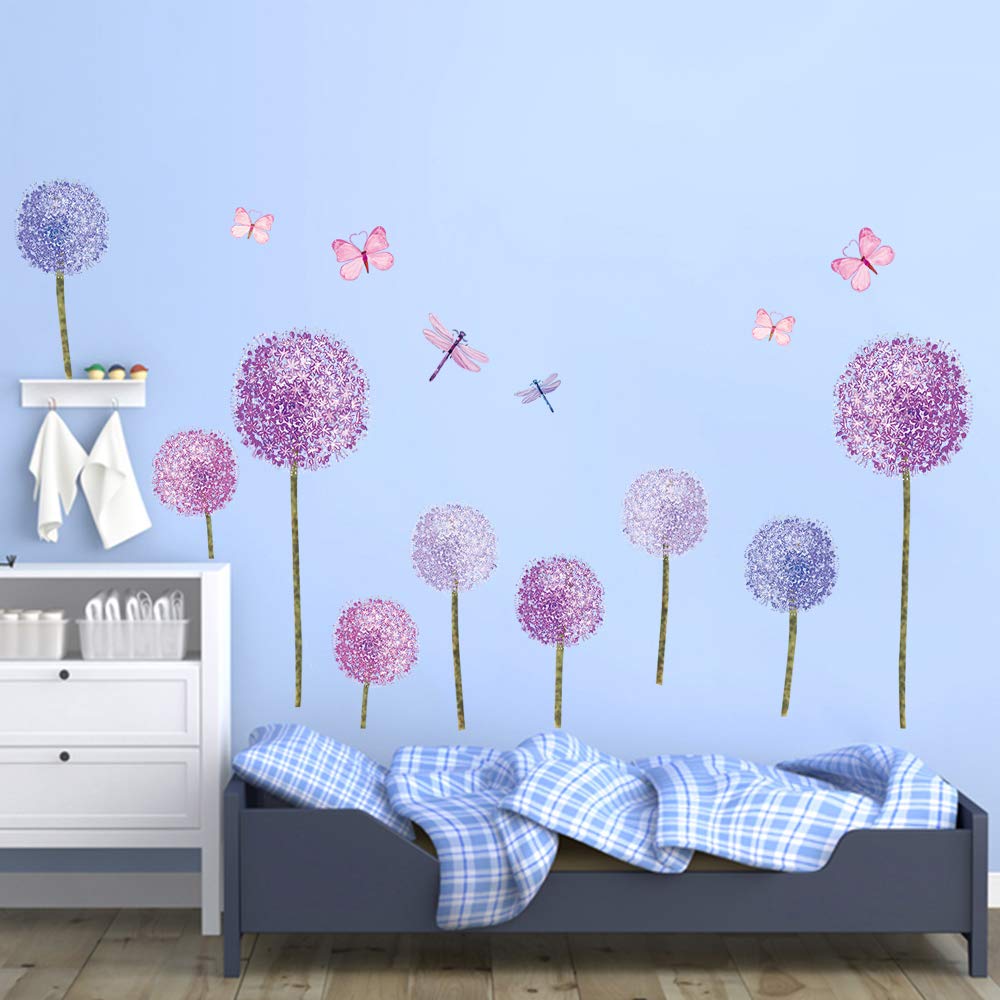 ufengke purple dandelions and butterflies decals on smooth surfaces for quick decor.