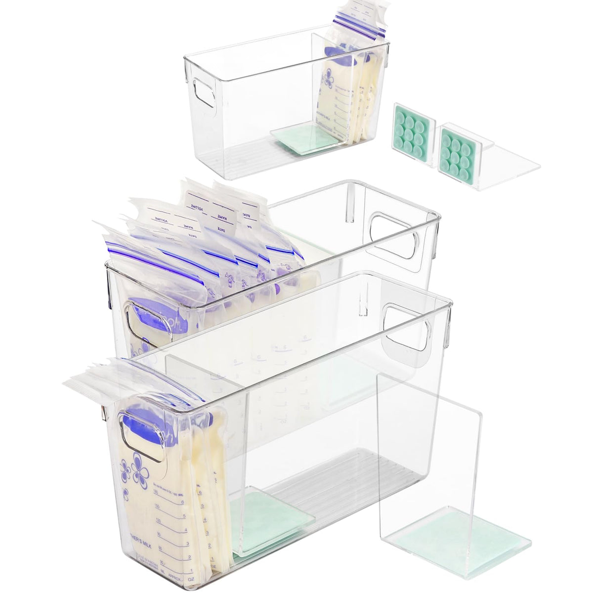 Ugotfeels breastmilk storage containers in green for organized refrigeration and easy access.