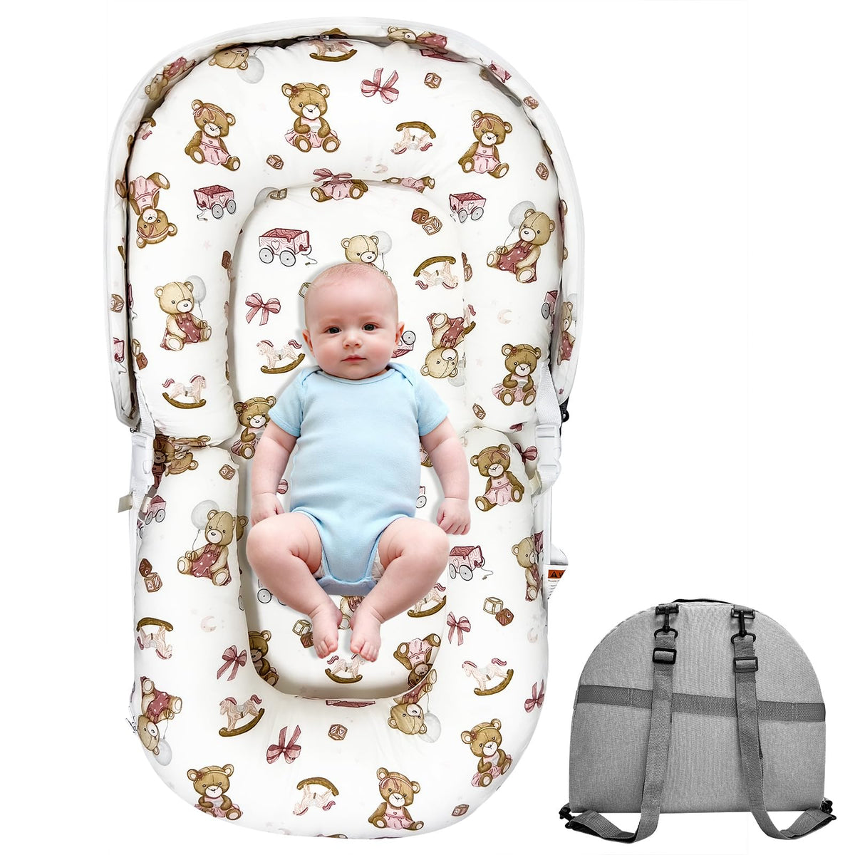 UGRASEA Baby Lounger folded into backpack form for easy travel.