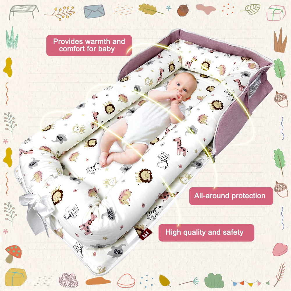 UGRASEA baby lounger pink zoo fabric close-up highlights soft cotton texture