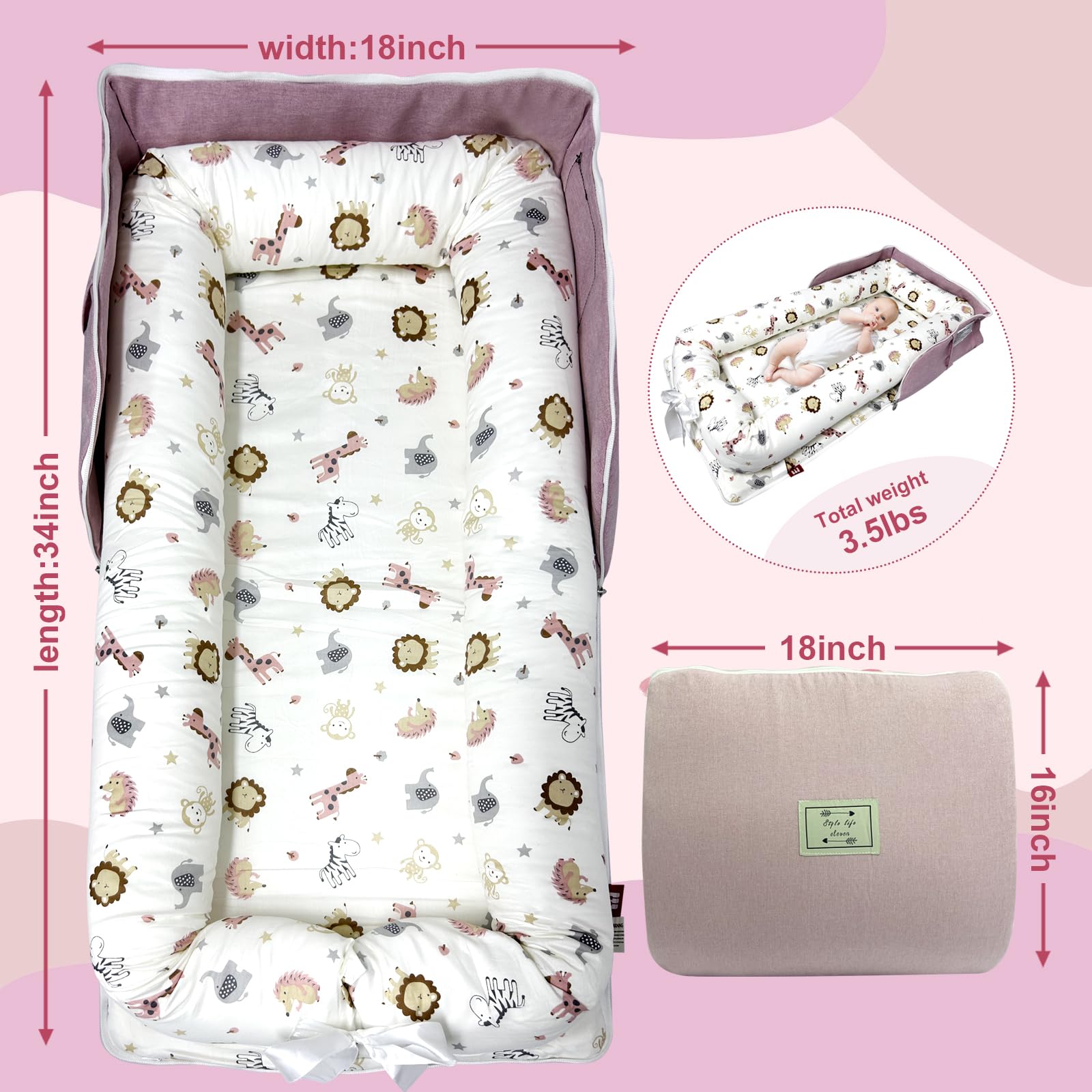 UGRASEA baby lounger pink zoo in-use nap-time setup offers cozy rest