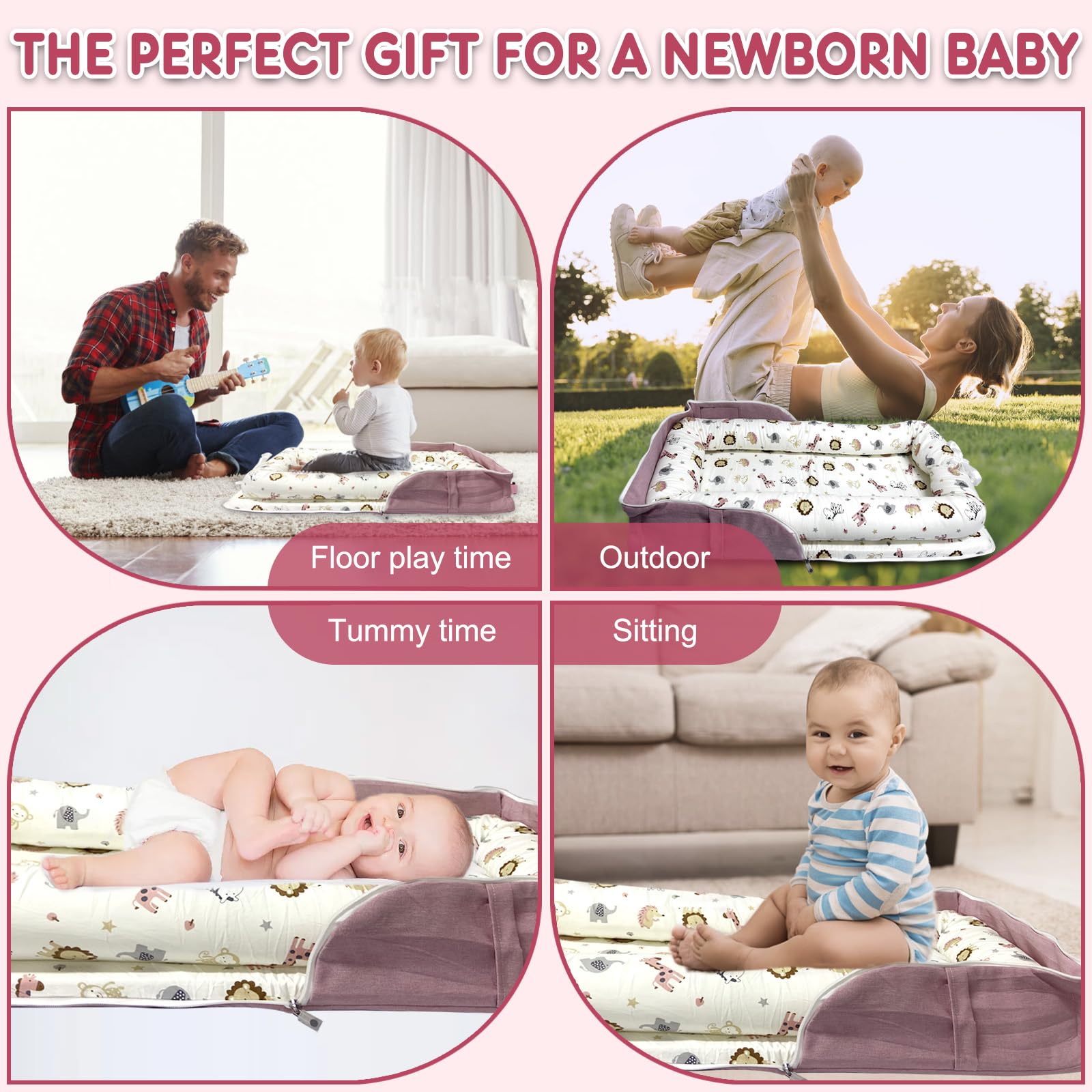 UGRASEA baby lounger pink zoo side pockets demonstrate convenient storage