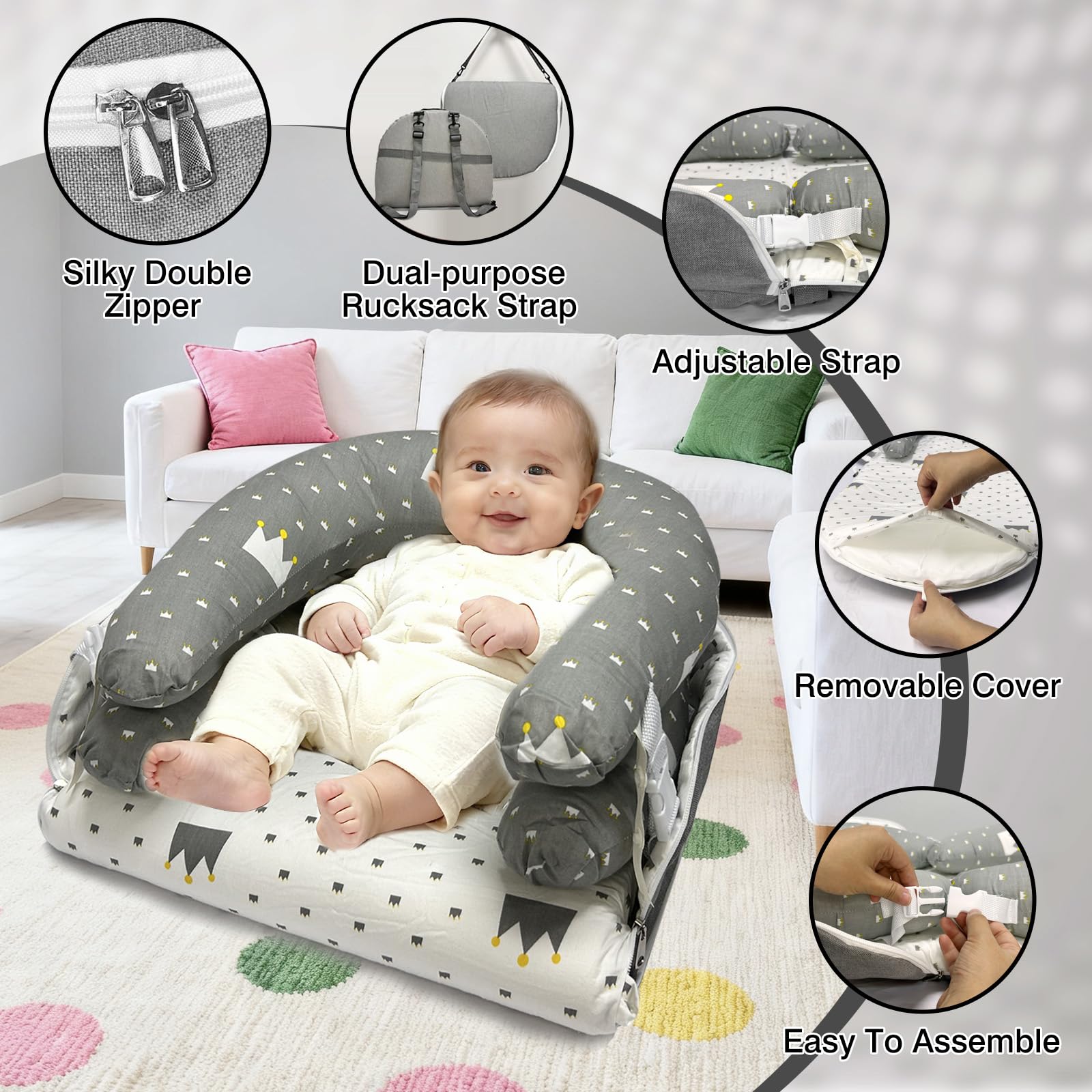 UGRASEA baby lounger travel-ready with adjustable straps and side pockets