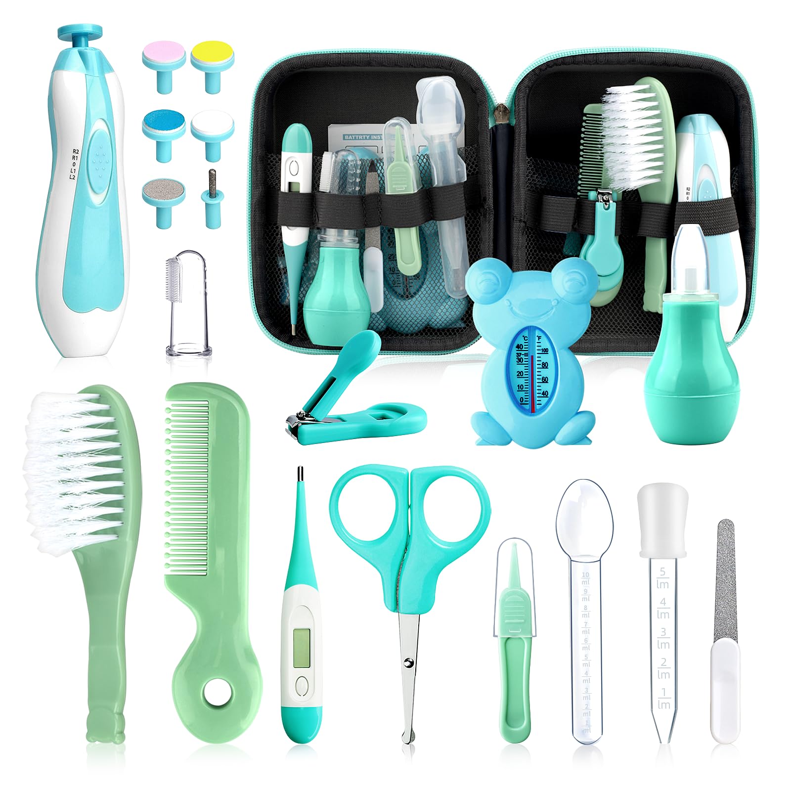 UHFi Baby Grooming Kit 20-in-1 case green open for organized on-the-go baby care.