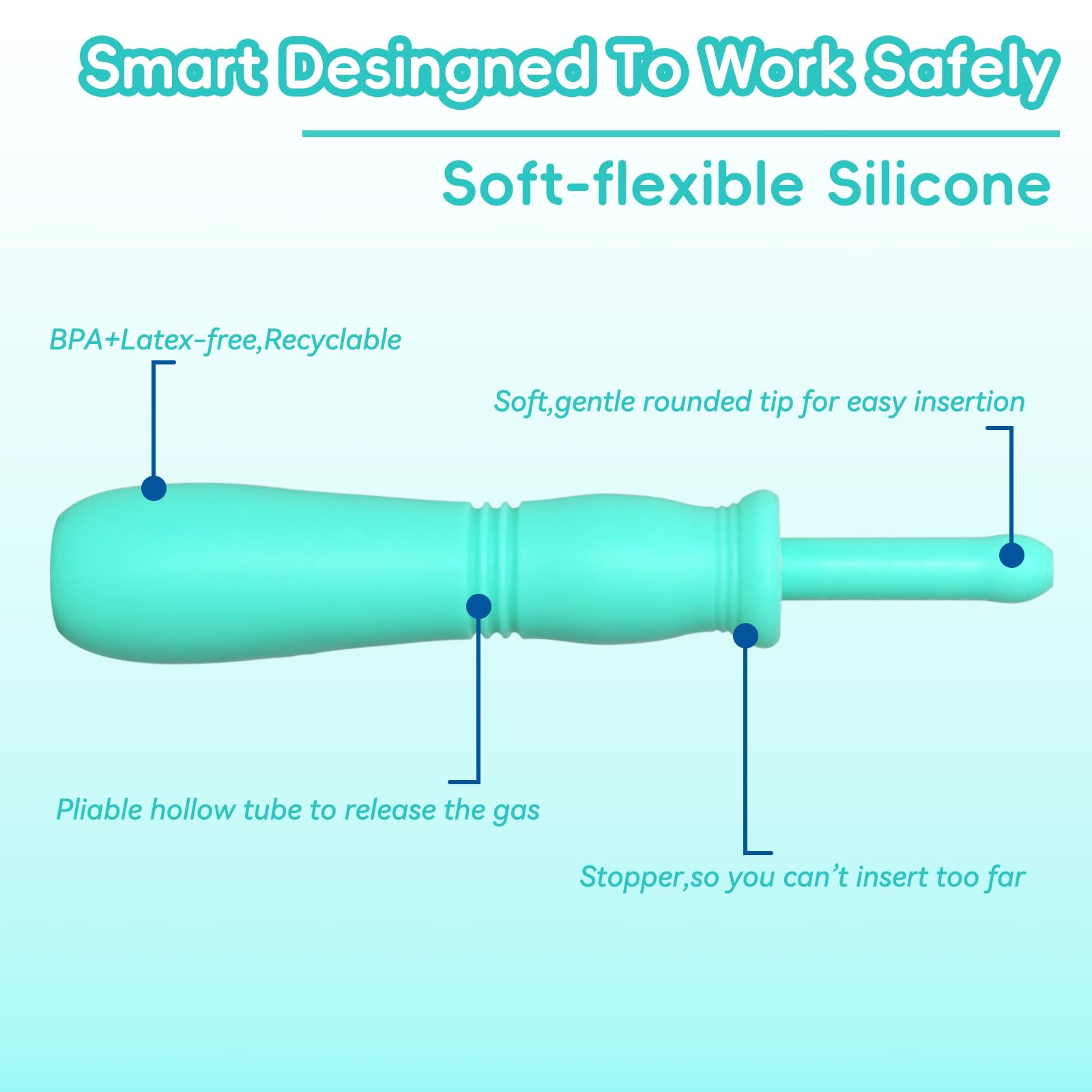 Uhfi gas reliever made of soft silicone, gentle on baby's skin.