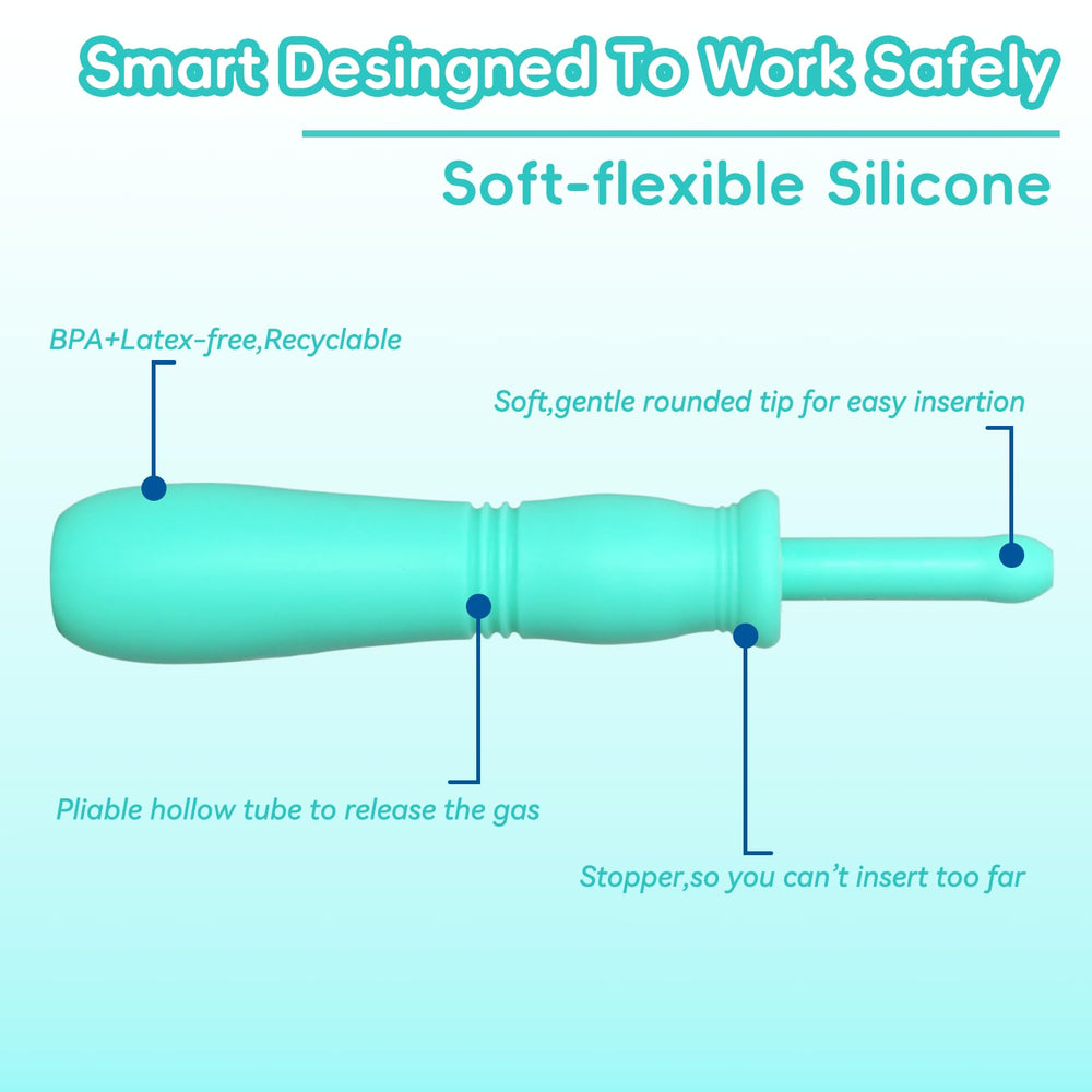 Uhfi gas reliever made of soft silicone, gentle on baby's skin.