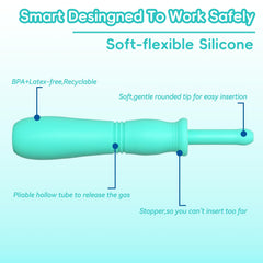 Uhfi gas reliever made of soft silicone, gentle on baby's skin.
