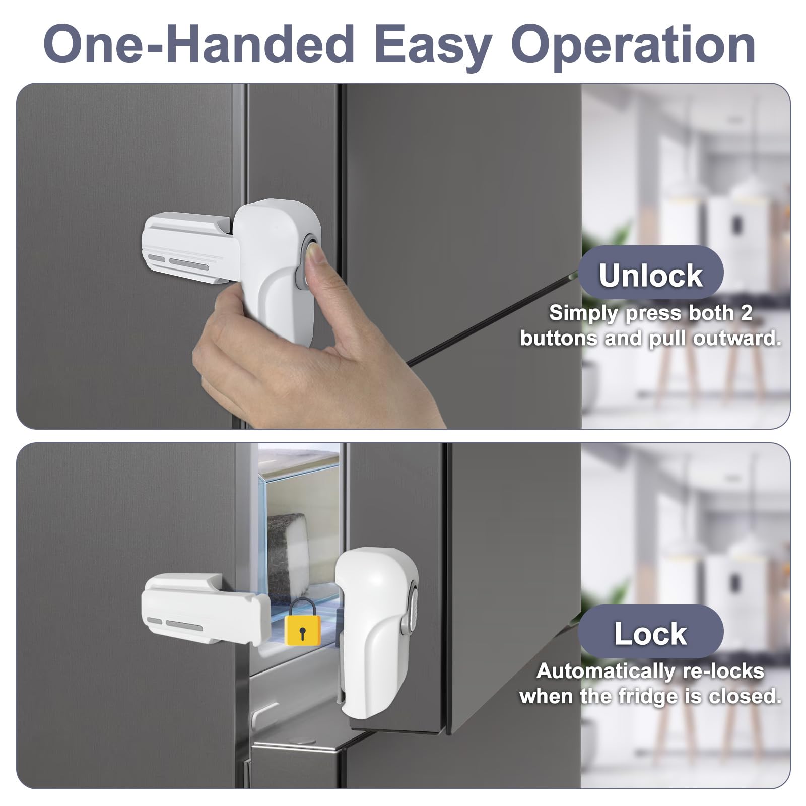 Uhimooi fridge lock adhesive installation shows peel-and-stick setup with no tools.