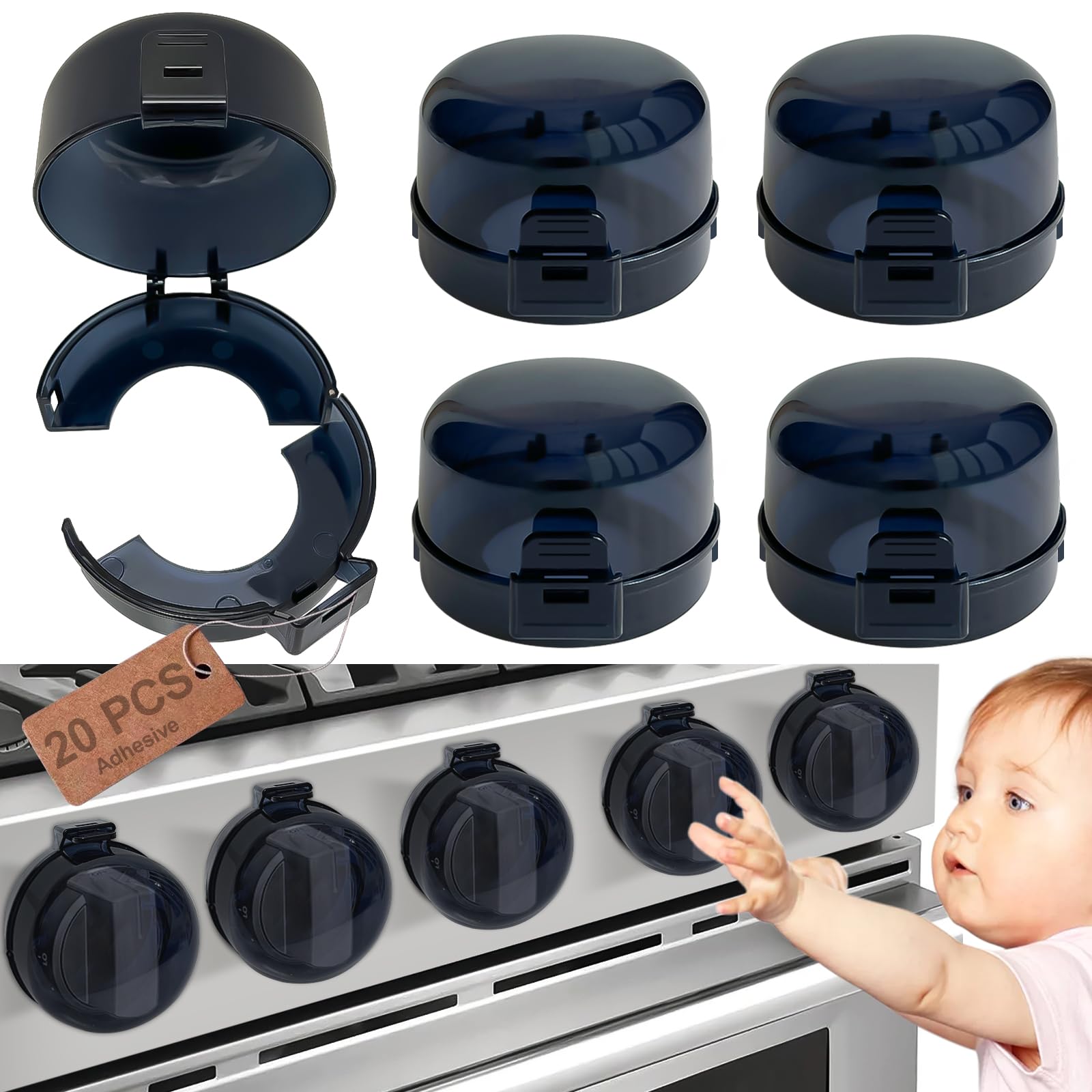 Uhimooi stove knob covers packaging highlights easy install with extra adhesive.