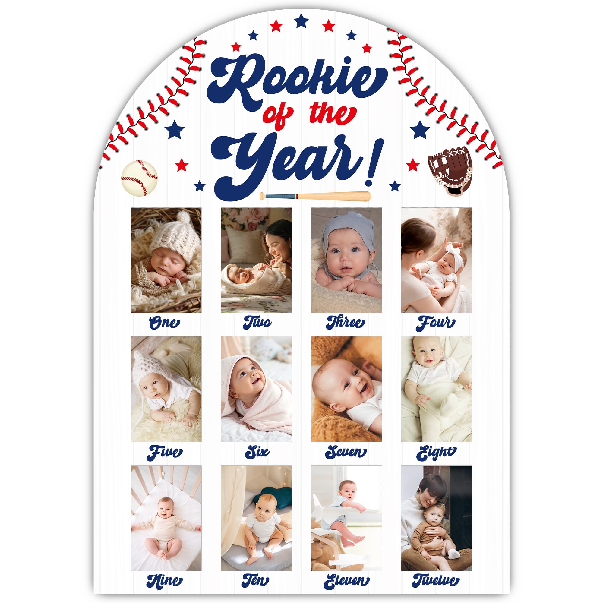 UIBOVA Baseball My First Year Photo Board front view in natural wood for nursery decor.