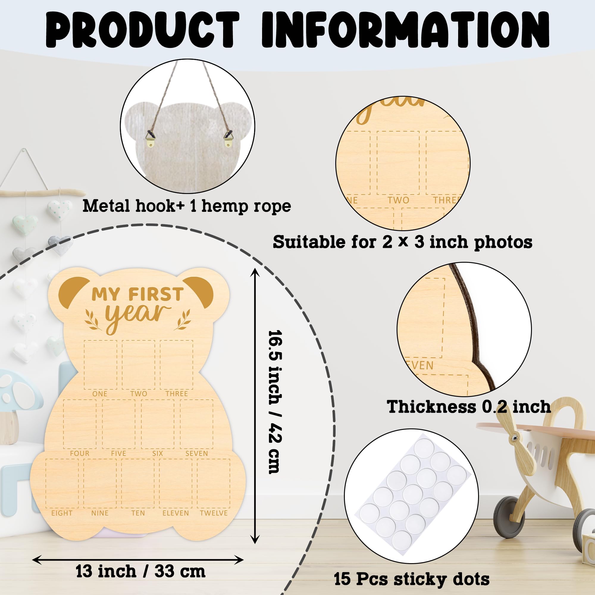 UIBOVA Bear Photo Board holds twelve 2x3 photos for milestones