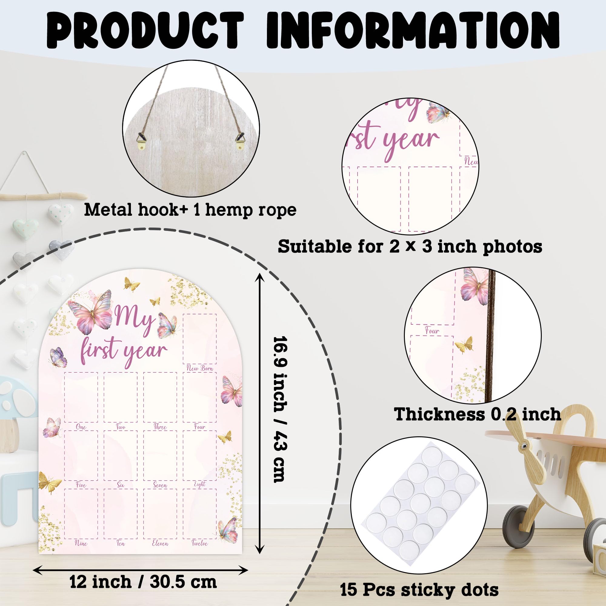 UIBOVA My First Year Photo Board hanging setup showing easy wall display in a nursery