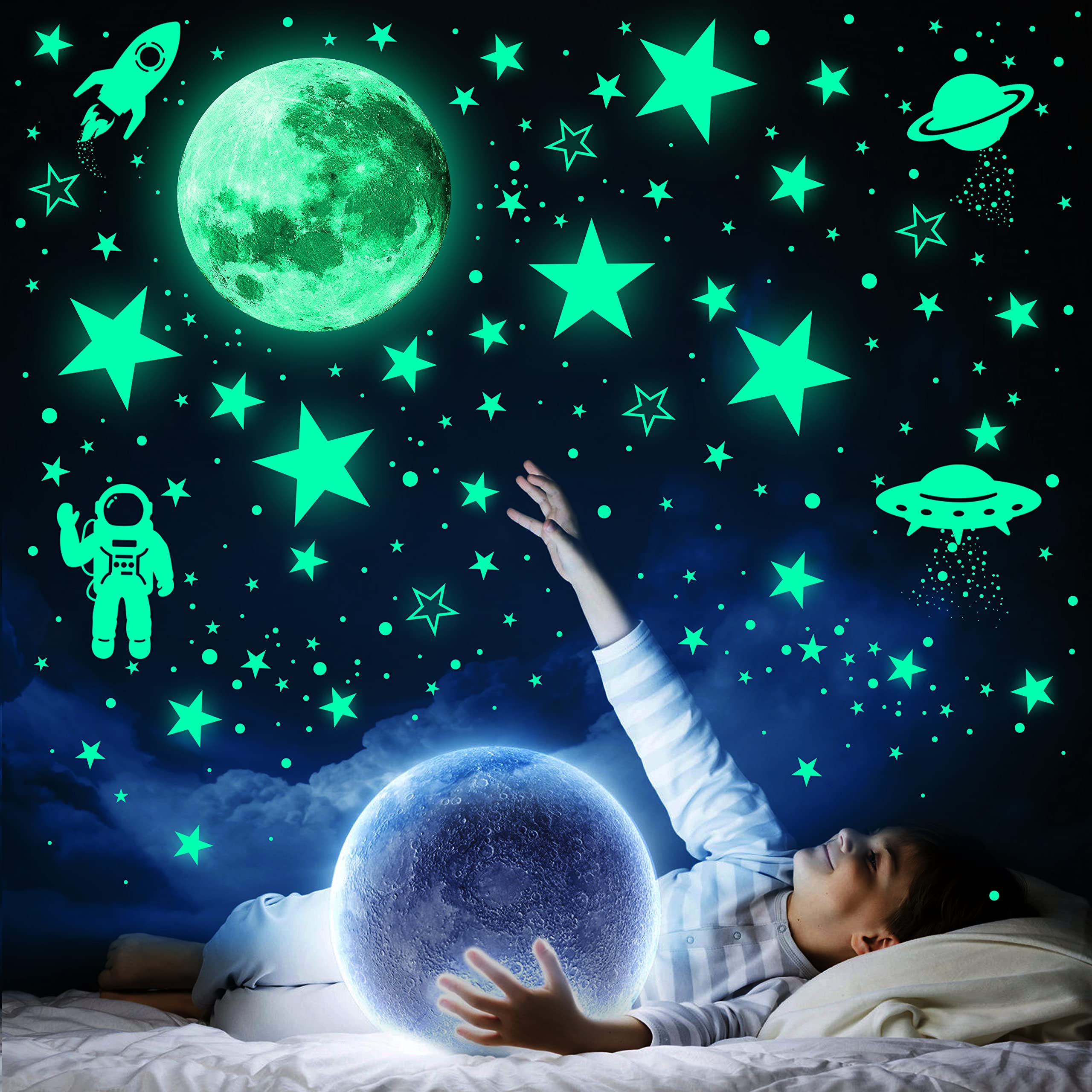 UJoowalk 1078pcs glow stars ceiling kit on wall for calming bedtime ambience.