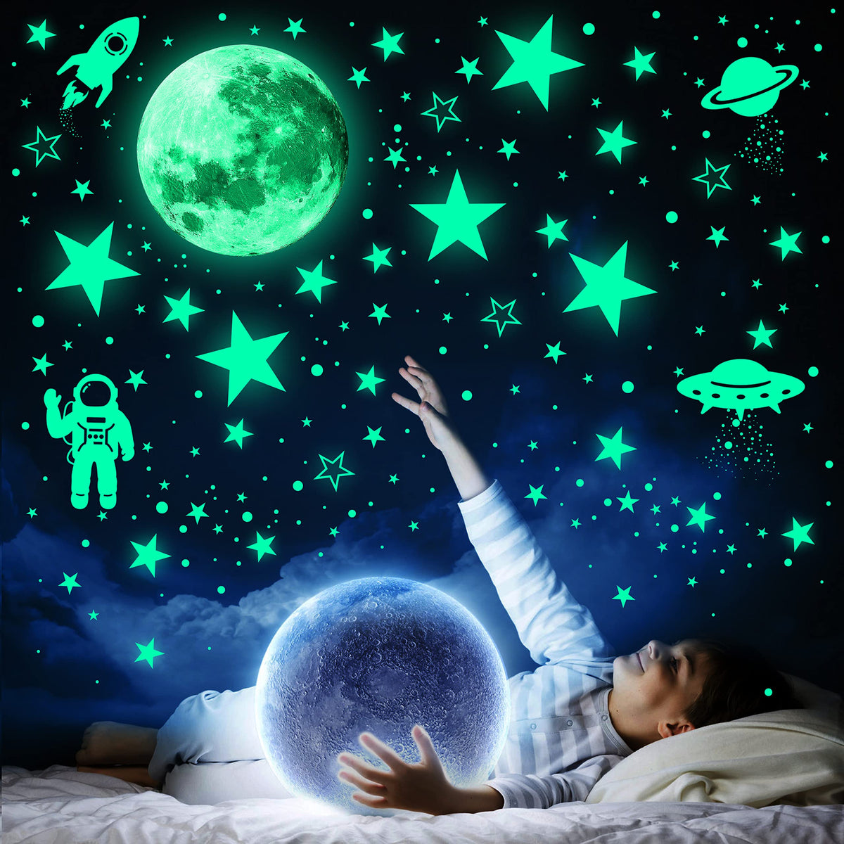 UJoowalk 1078pcs glow stars ceiling kit on wall for calming bedtime ambience.