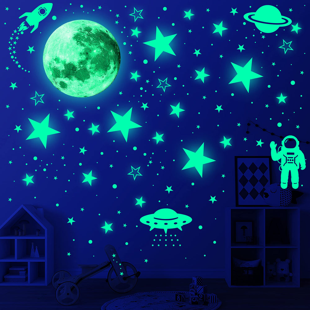 UJoowalk glow stars planets rockets and astronauts decor for kids' galaxy room.