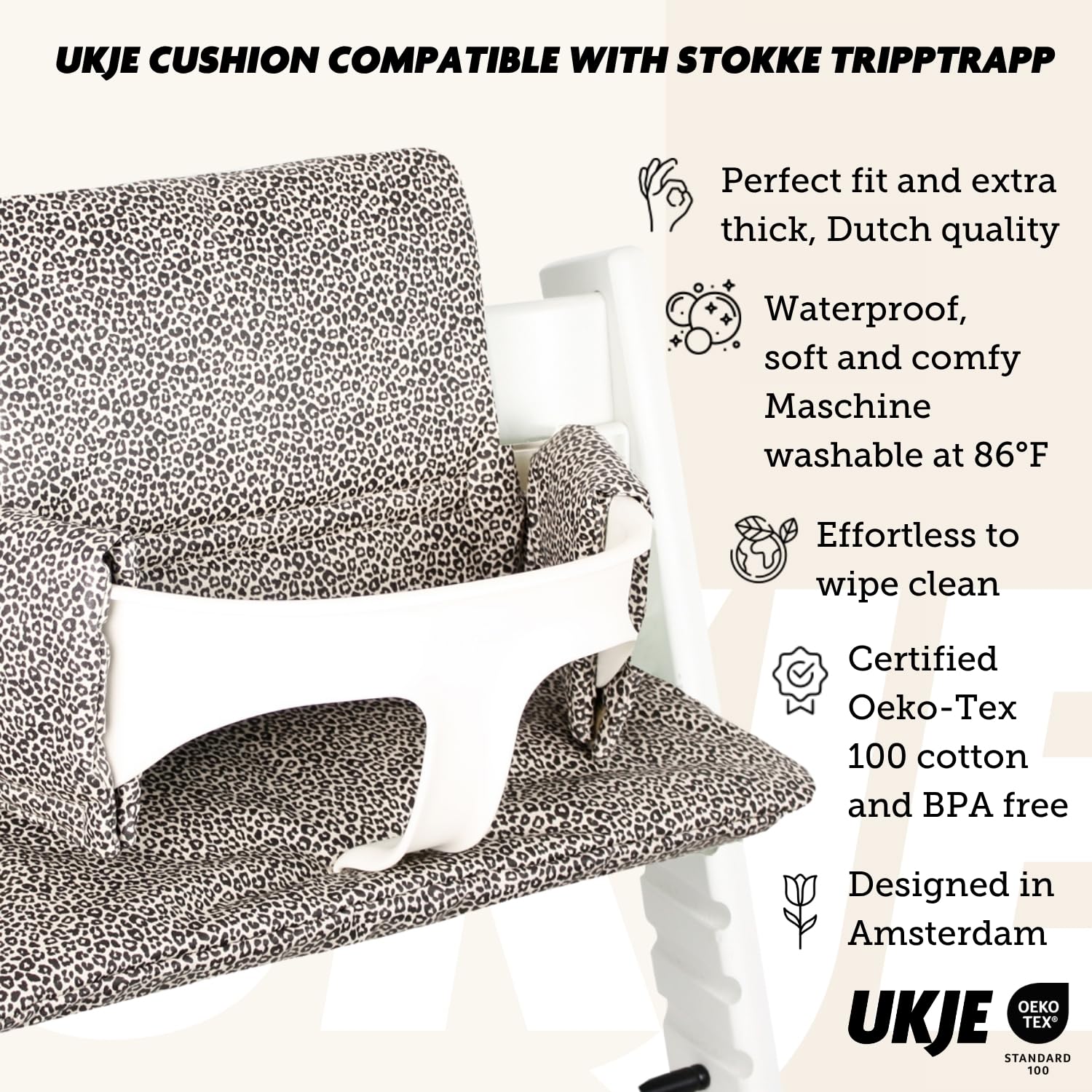 UKJE cushion easy-installation with Stokke Tripp Trapp shown during quick setup.
