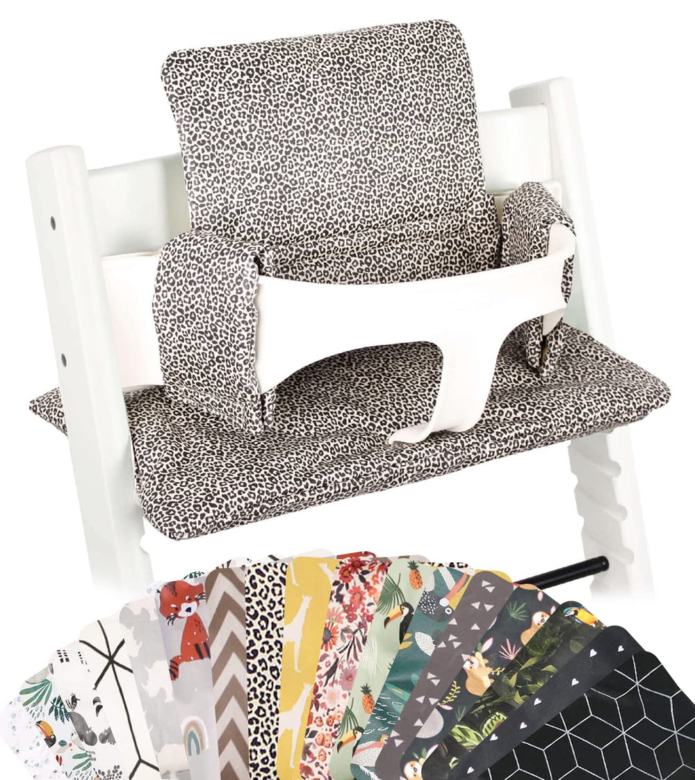 UKJE Leopard cushion for Stokke Tripp Trapp closeup of plush padding for comfortable mealtimes.