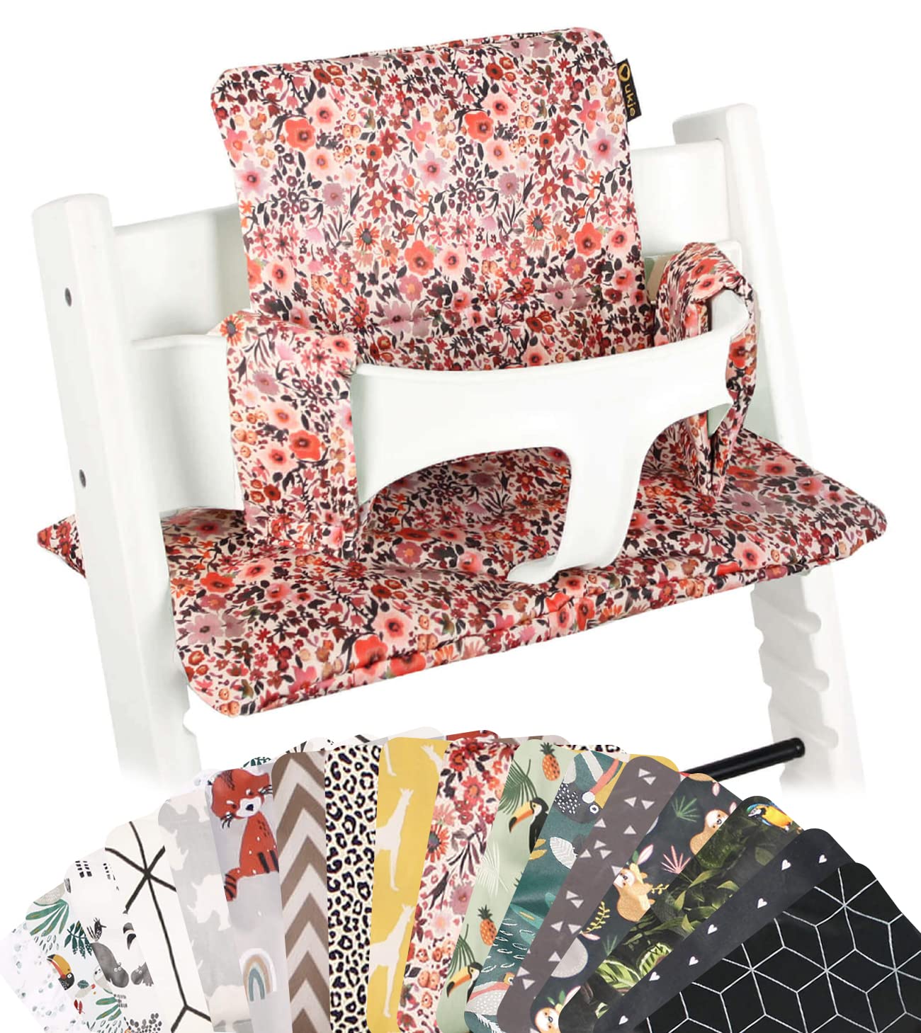 UKJE cushion for Stokke Tripp Trapp pink flowers front view, cozy mealtime seating.