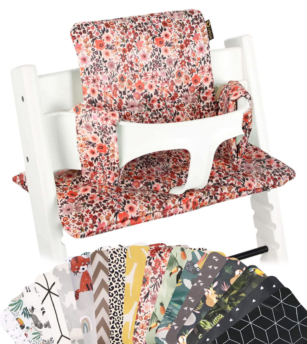 UKJE cushion for Stokke Tripp Trapp pink flowers front view, cozy mealtime seating.