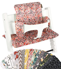 UKJE cushion for Stokke Tripp Trapp pink flowers front view, cozy mealtime seating.